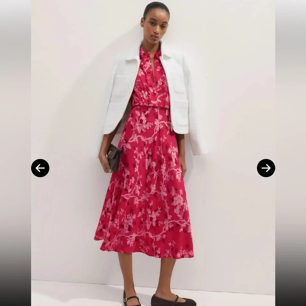 ME+EM 2 Modern Botanical Print Midi Dress Raspberry Red EUC Floral Short Sleeve - Picture 3 of 16